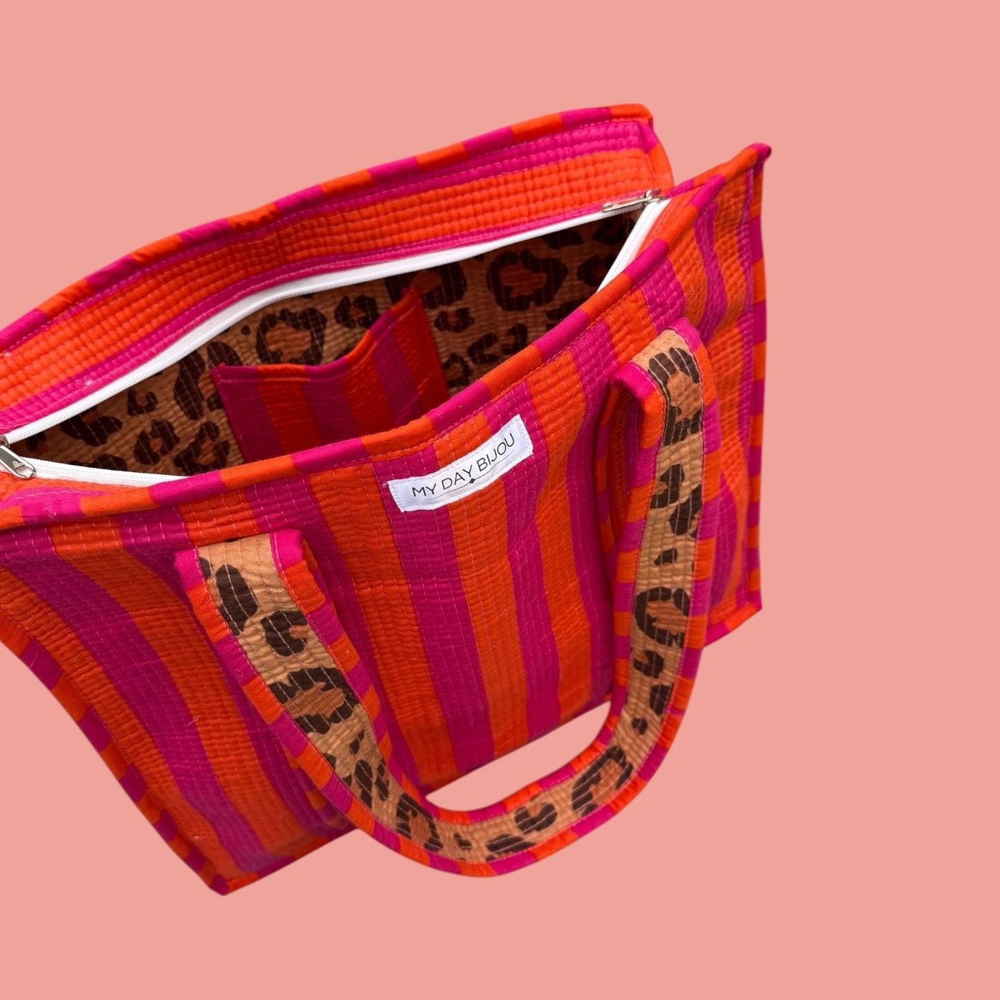 Tote with zipp loesje orange/pink with caramel Leopard