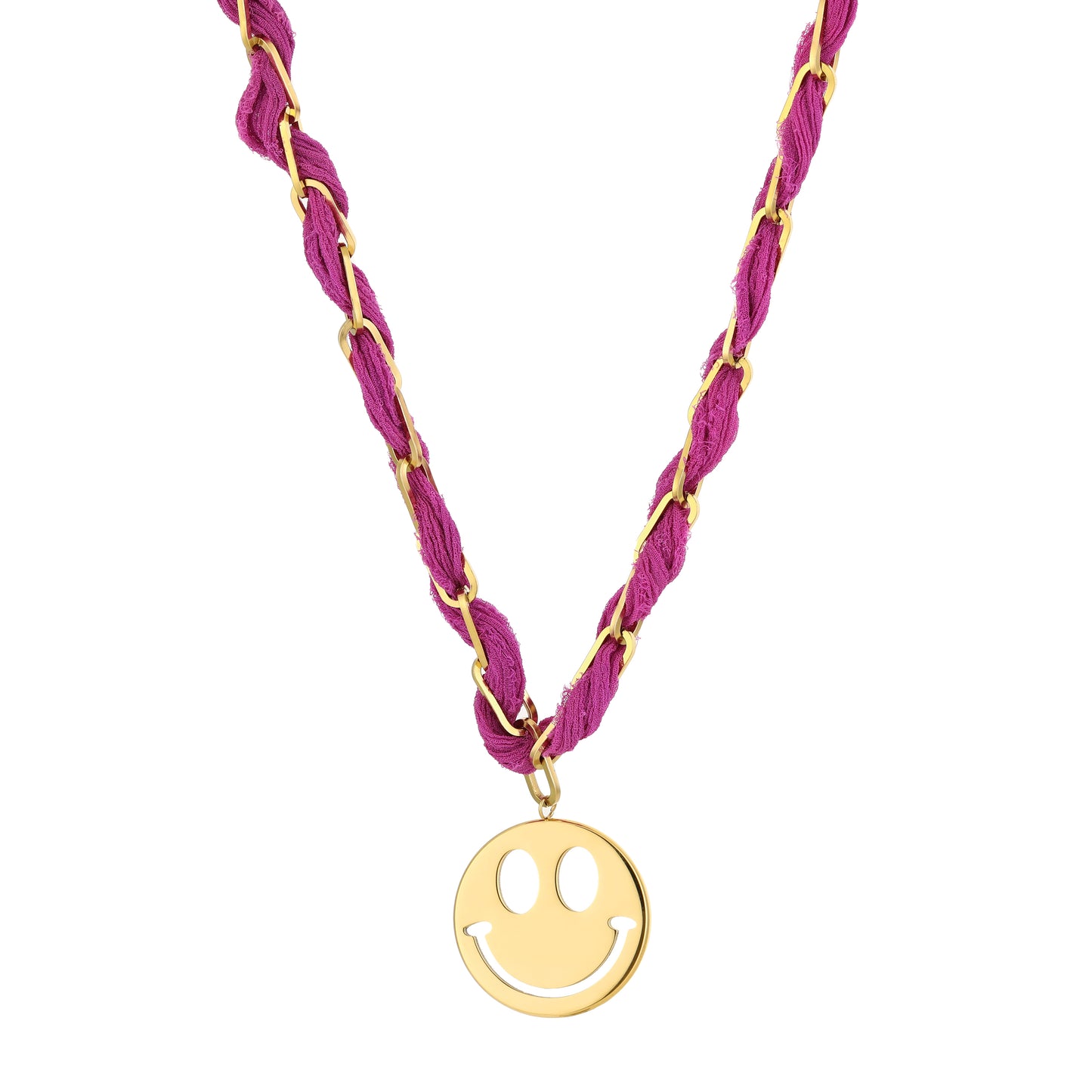 Stof/Steel ketting SMILEY, Fuchsia