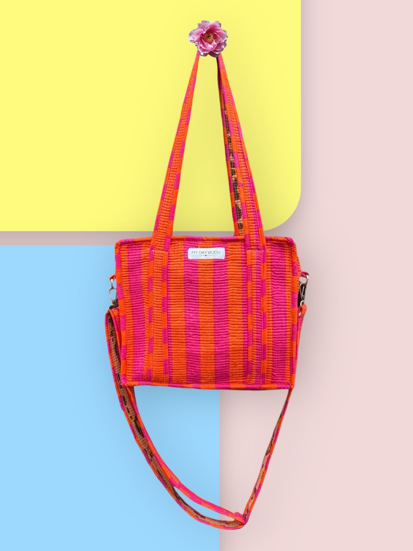 Mini Tote bag orange/pink with caramel Leopard