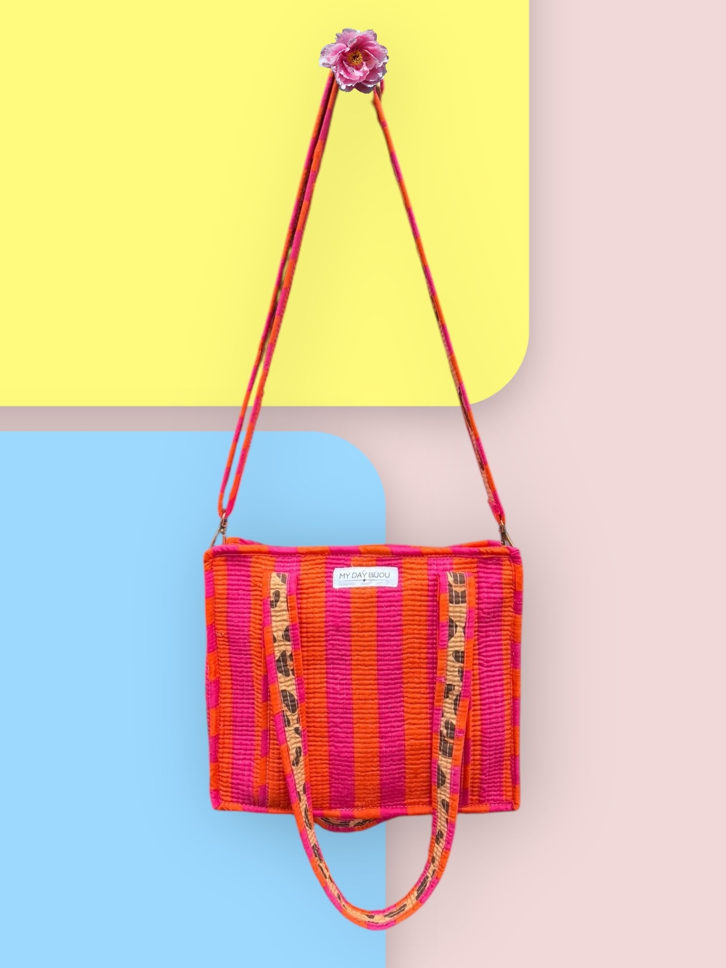 Mini Tote bag orange/pink with caramel Leopard