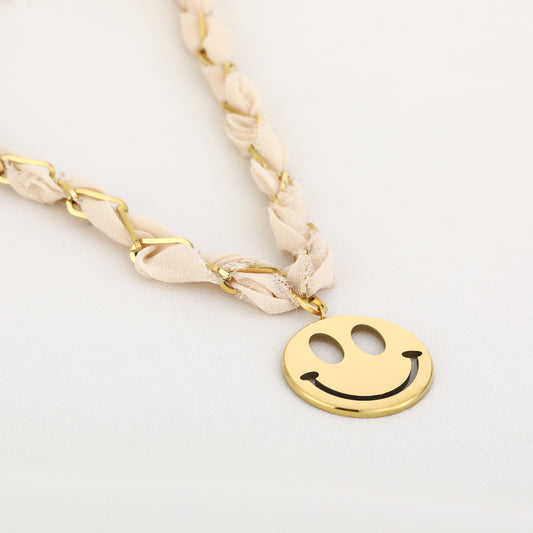Stof/Steel ketting SMILEY, Beige
