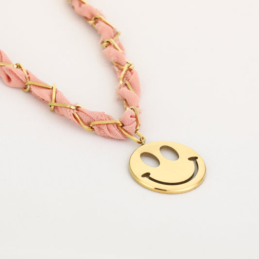 Stof/Steel ketting SMILEY, Pink