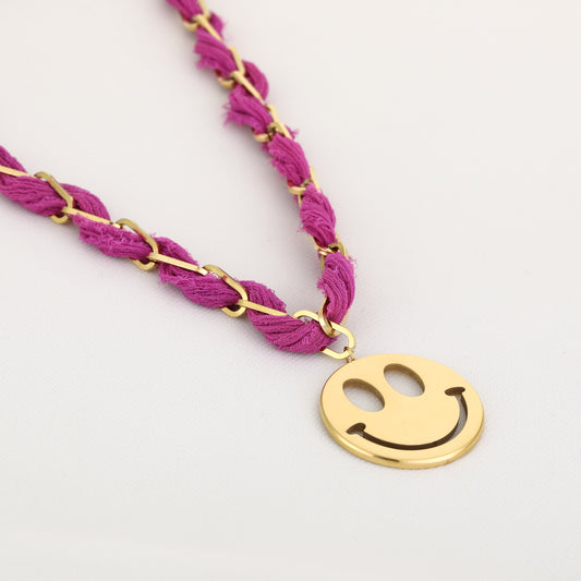 Stof/Steel ketting SMILEY, Fuchsia