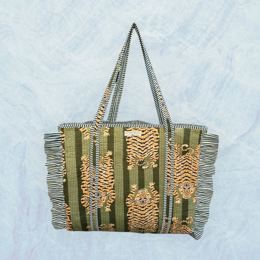 Totebag met franje "Tiger dark green"