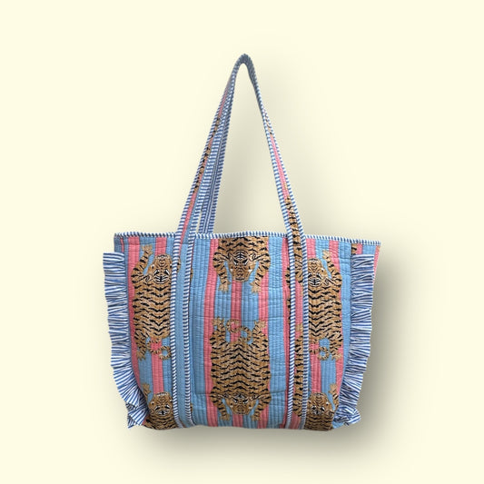 Totebag met franje Tiger baby blue/pink
